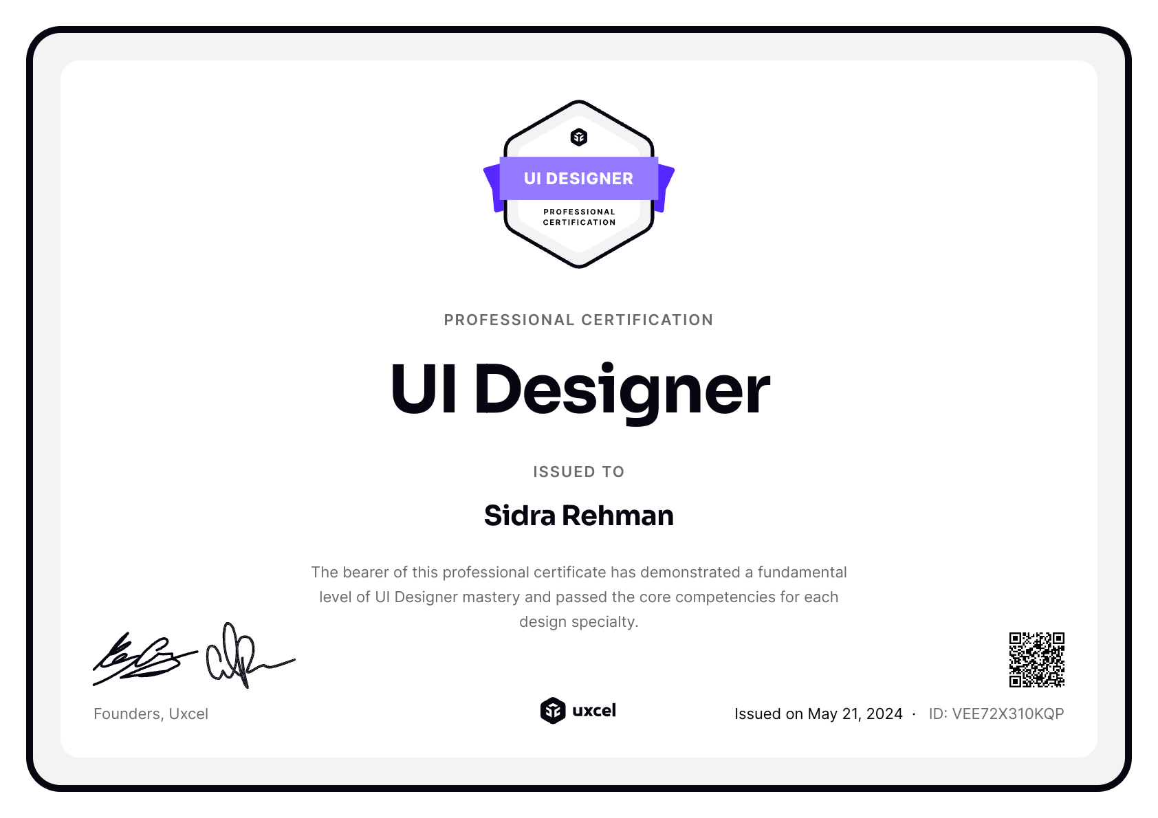 Sidra Rehman's certificate